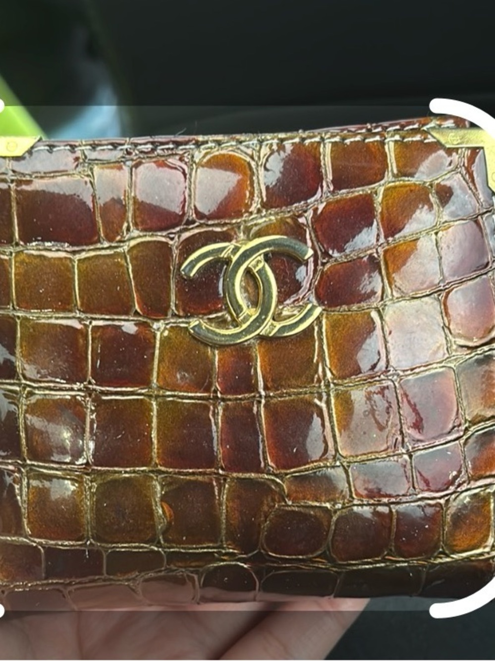 Rare CHANEL Brown Crocodile-Embossed Card Holder with Gold CC